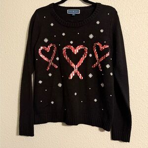Karen Scott Black Sweater with Red and Silver Heart Accents